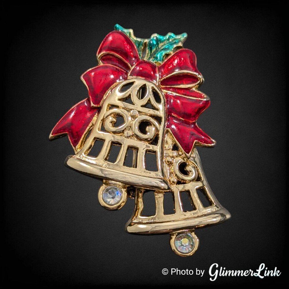 Vintage Gold Tone Christmas Bells Brooch with Red Enamel Bow & Rhinestones